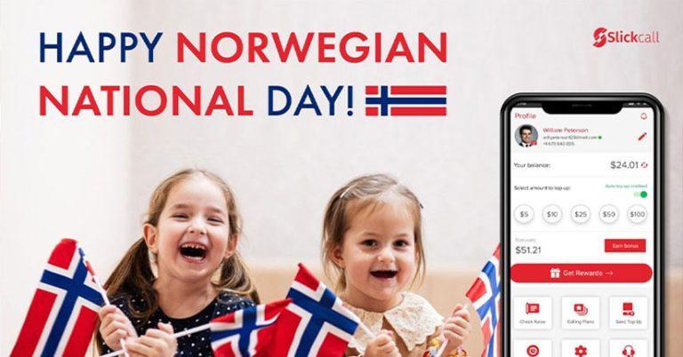 Two cute girls are celebrating Norwegian National Day with Slickcall calling app
