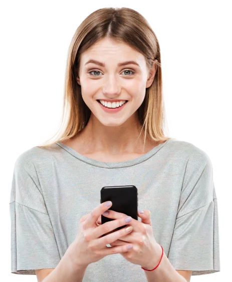 A girl is smiling after using the most cheap international calling service