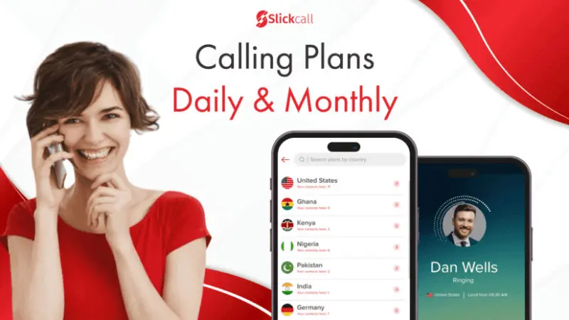 A girl in red dress is utilizing daily and monthly international calling plans of Slickcall