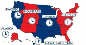 A blue and red colored map is showcasing the different time zones of the US