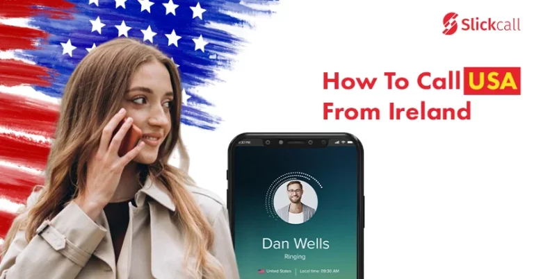 A girl in a white outfit is using a mobile phone to call the USA from Ireland