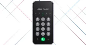 A mobile phone showcasing the country code, area code, and dialing format to call the Netherlands from the UK